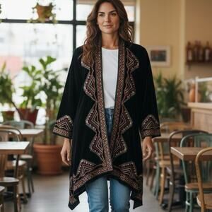 Time For Me Black Velvet Open Kimono Aztec Embroidery size Large